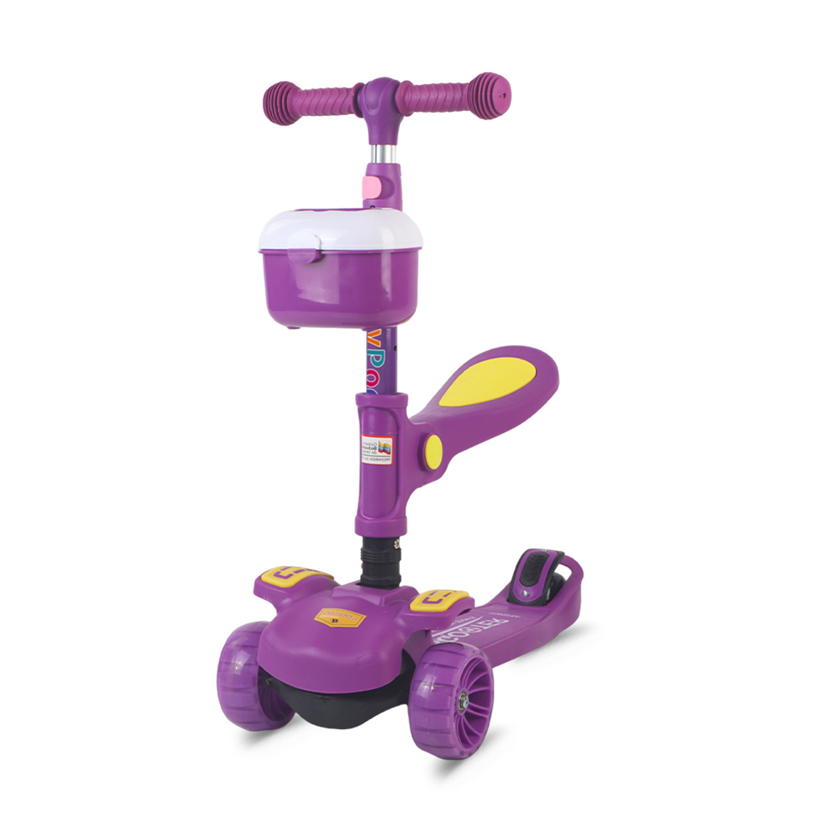 New Adjustable Baby Scooter Kid's Kick Scooter Pu Flashing Wheel Kids Folding Scooter with Seat Basket