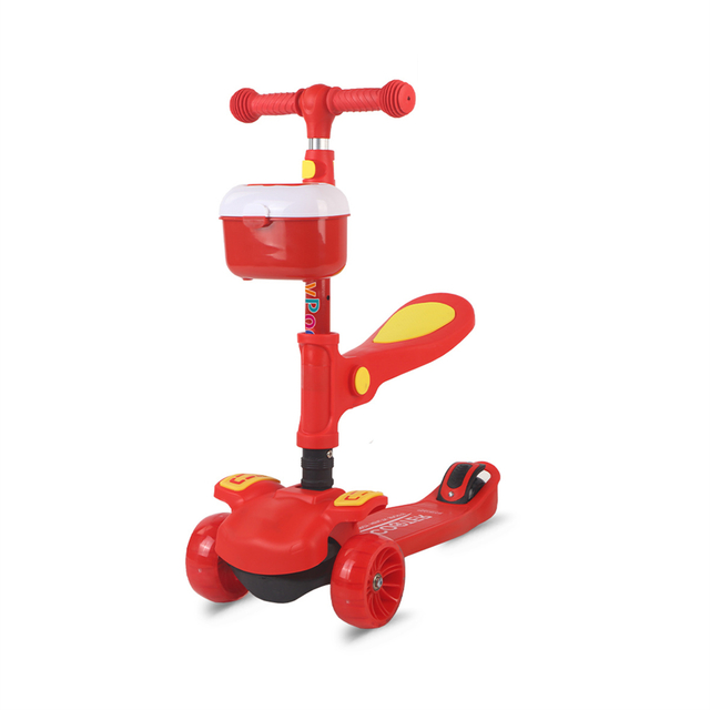 New Adjustable Baby Scooter Kid's Kick Scooter Pu Flashing Wheel Kids Folding Scooter with Seat Basket